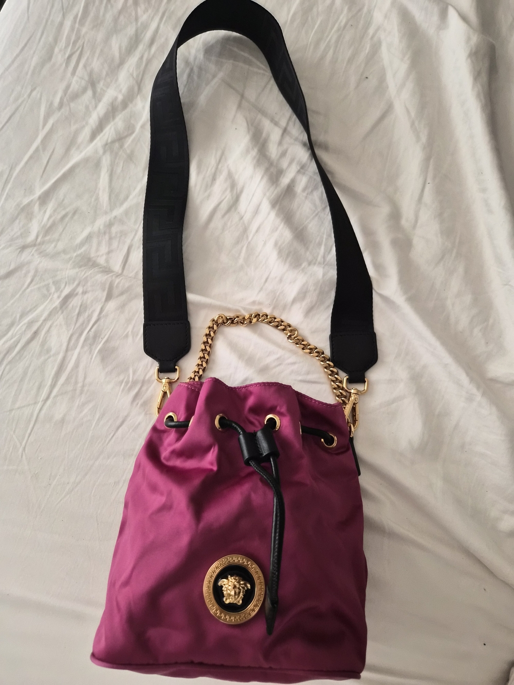 Versace Fuchsia Drawstring Bucket Bag with Gold Chain Like NEW Condition
